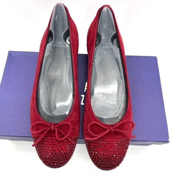 Stuart Weitzman Suede Ballet Flats Sz 8 N Scarlet Bow Rhinestone Bling Slipper - Picture 2 of 12